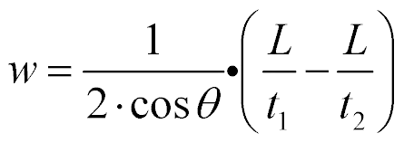 Wzór: w = 1/(2·cosθ) · (L/t1 − L/t2)